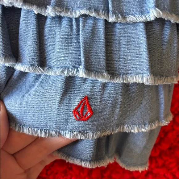 Volcom Blue Frayed Denim Ruffled Top - Picture 2 of 4